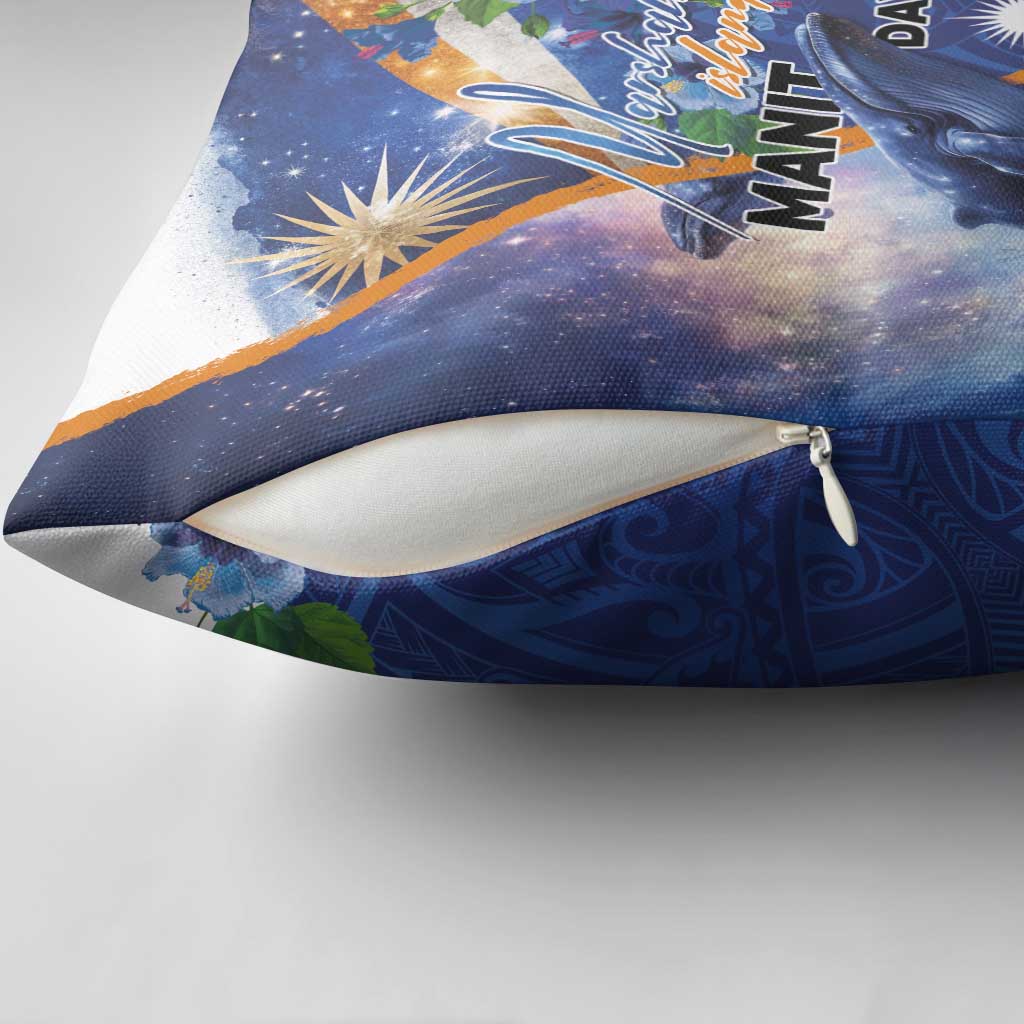 Marshall Islands Manit Day Pillow Cover Grunge National Flag with Whales and Tribal Tattoos - Polynesian Pride
