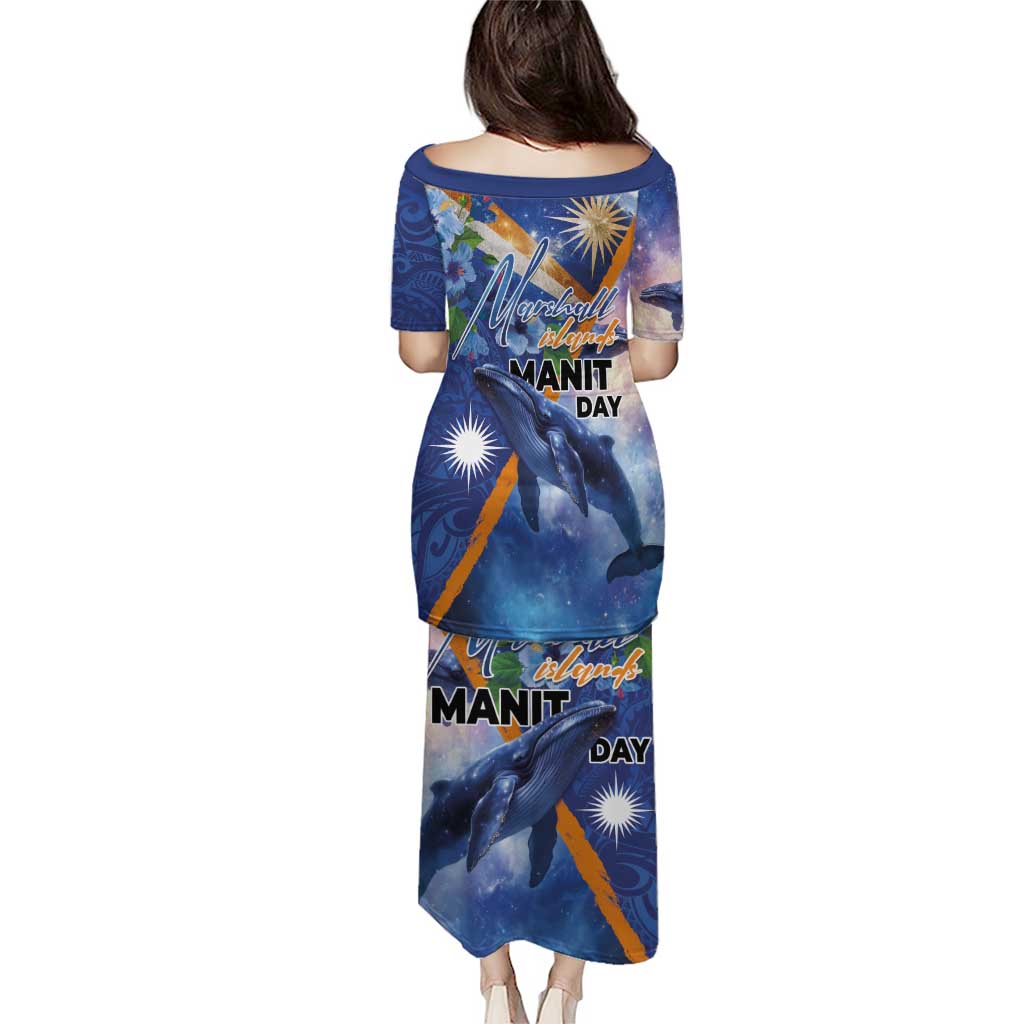 Marshall Islands Manit Day Puletasi Grunge National Flag with Whales and Tribal Tattoos - Polynesian Pride