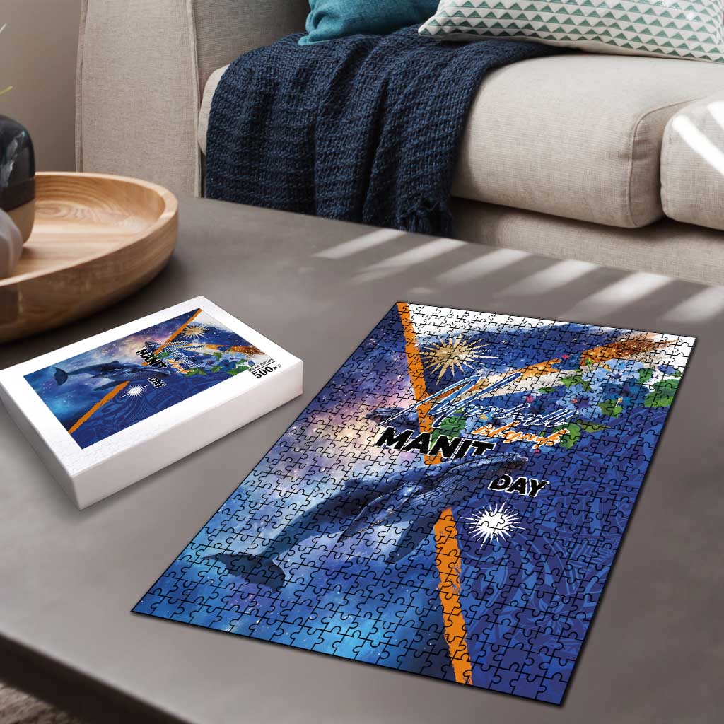 Marshall Islands Manit Day Puzzle Grunge National Flag with Whales and Tribal Tattoos - Polynesian Pride