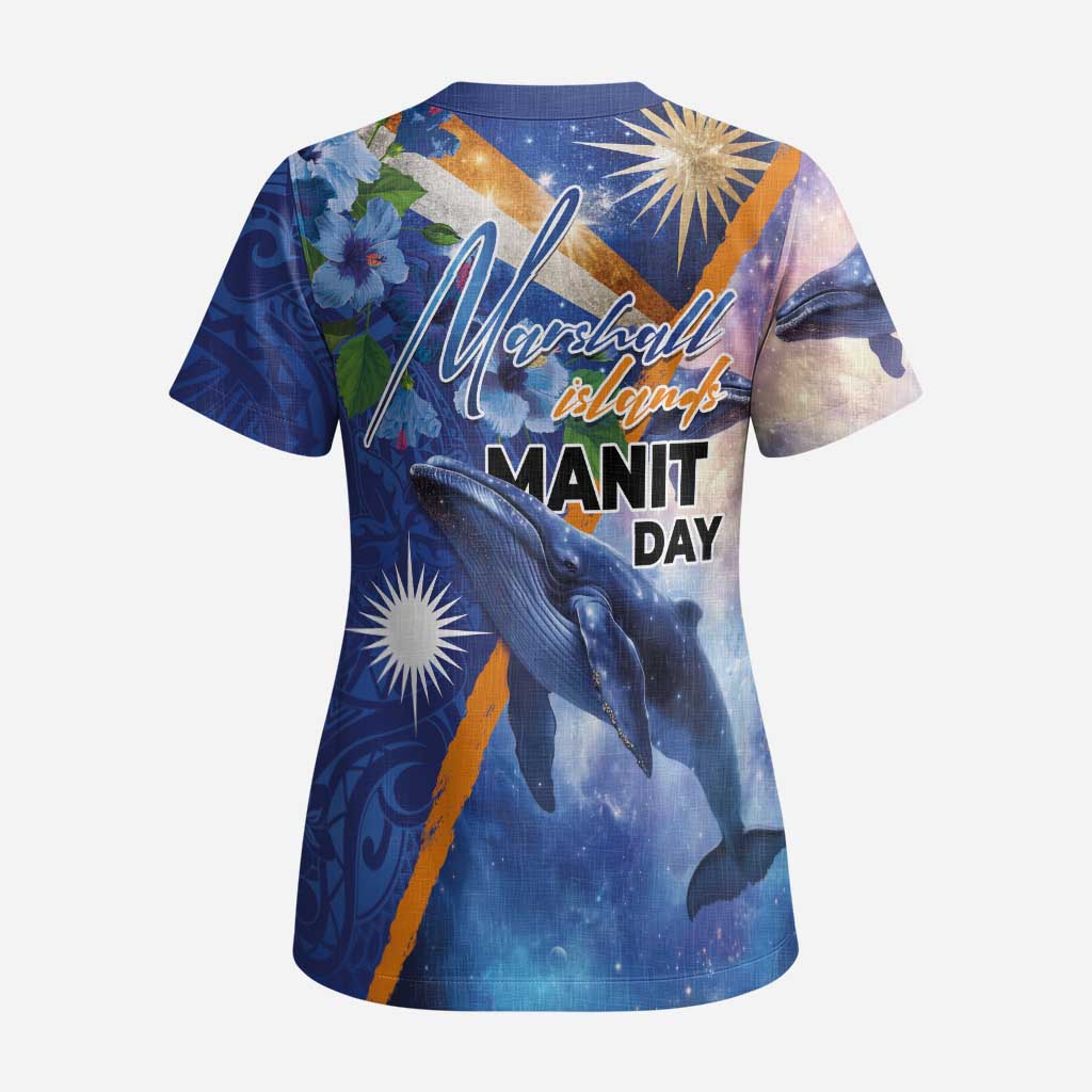 Marshall Islands Manit Day Scrub Top Grunge National Flag with Whales and Tribal Tattoos - Polynesian Pride