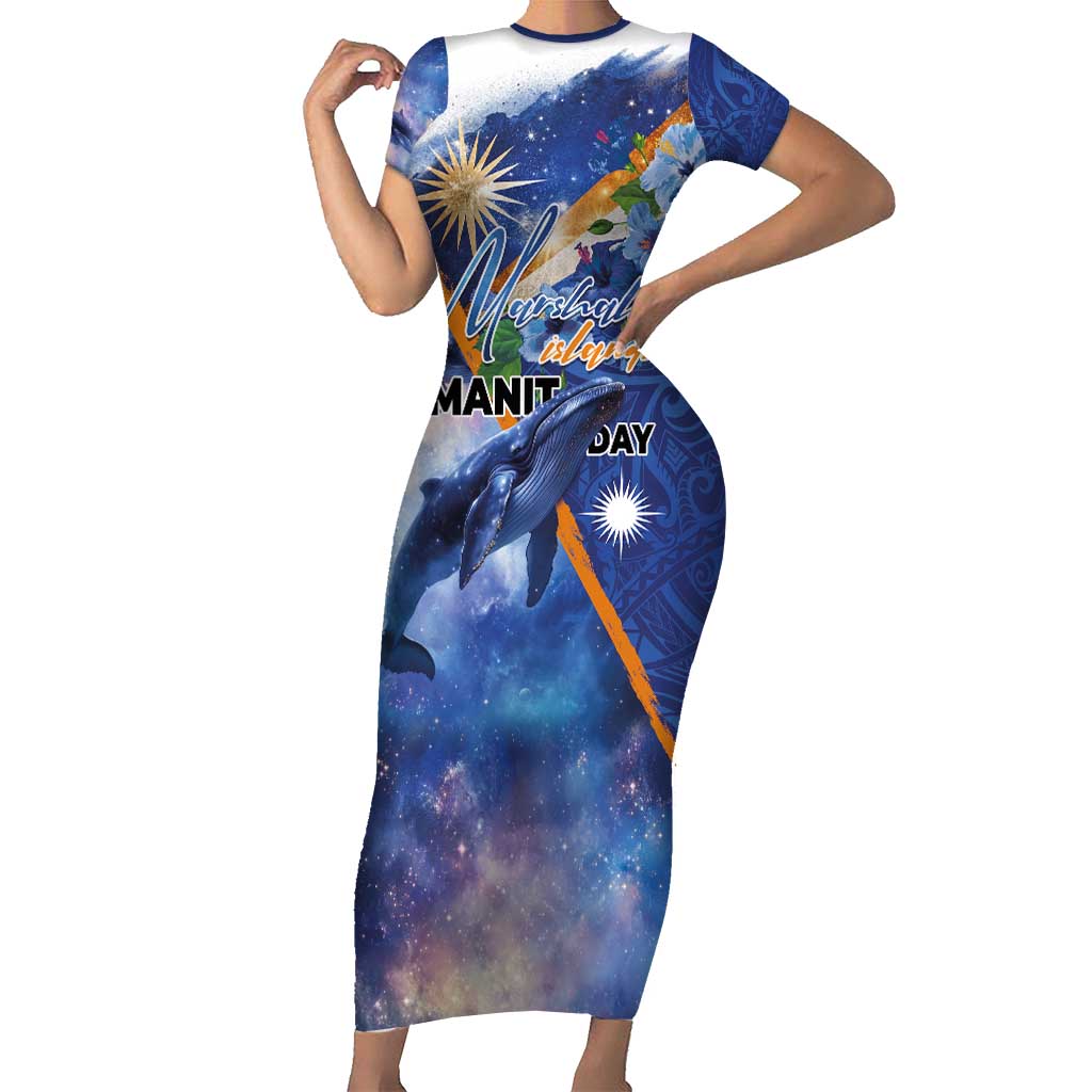 Marshall Islands Manit Day Short Sleeve Bodycon Dress Grunge National Flag with Whales and Tribal Tattoos - Polynesian Pride