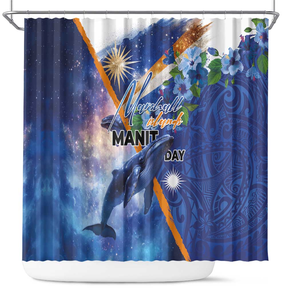 Marshall Islands Manit Day Shower Curtain Grunge National Flag with Whales and Tribal Tattoos - Polynesian Pride