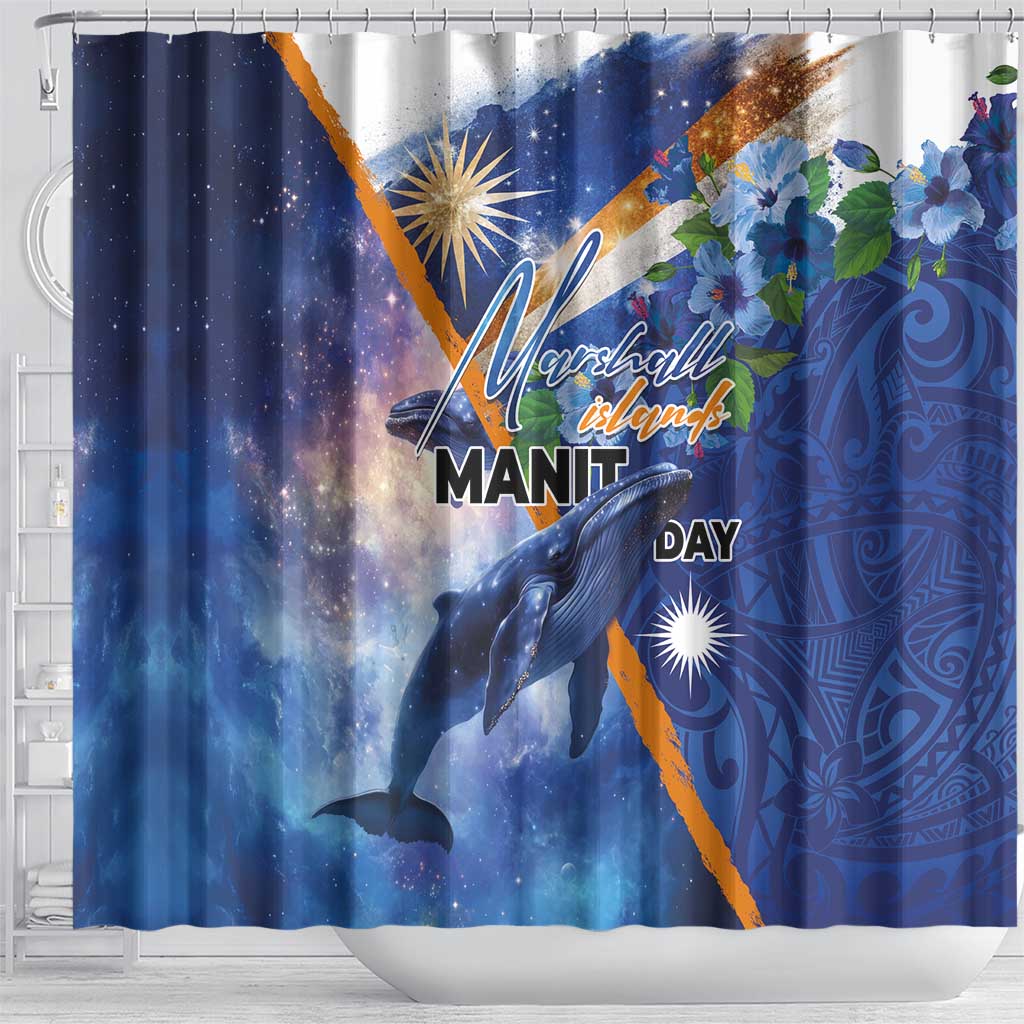 Marshall Islands Manit Day Shower Curtain Grunge National Flag with Whales and Tribal Tattoos - Polynesian Pride