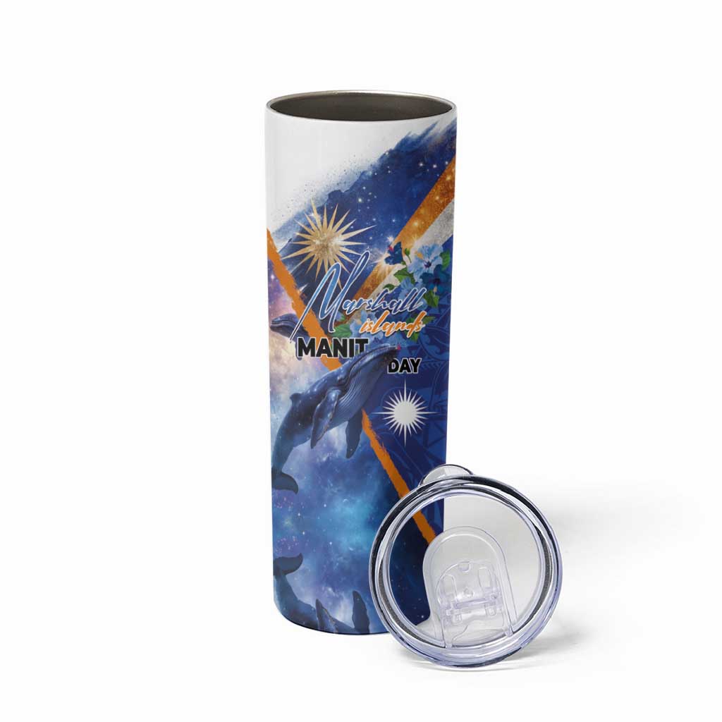 Marshall Islands Manit Day Skinny Tumbler Grunge National Flag with Whales and Tribal Tattoos - Polynesian Pride