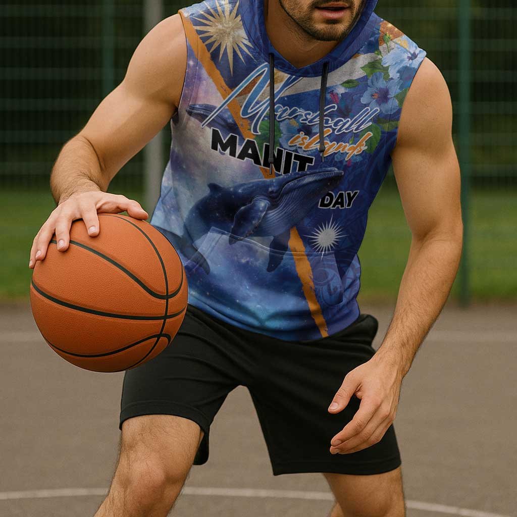 Marshall Islands Manit Day Sleeveless Hoodie Grunge National Flag with Whales and Tribal Tattoos - Polynesian Pride