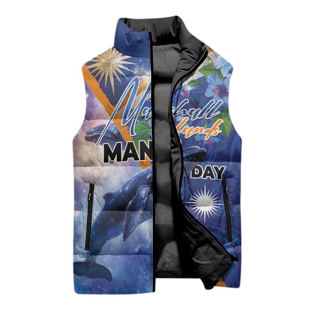 Marshall Islands Manit Day Sleeveless Puffer Jacket Grunge National Flag with Whales and Tribal Tattoos - Polynesian Pride