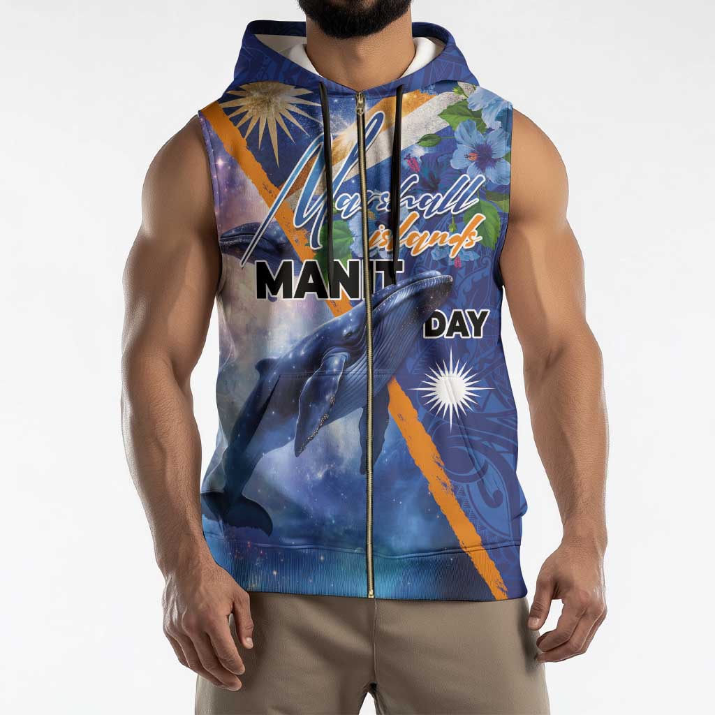 Marshall Islands Manit Day Sleeveless Zip Hoodie Grunge National Flag with Whales and Tribal Tattoos - Polynesian Pride