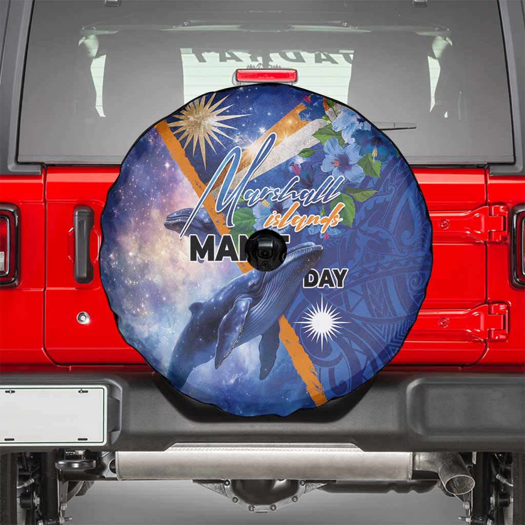 Marshall Islands Manit Day Spare Tire Cover Grunge National Flag with Whales and Tribal Tattoos - Polynesian Pride