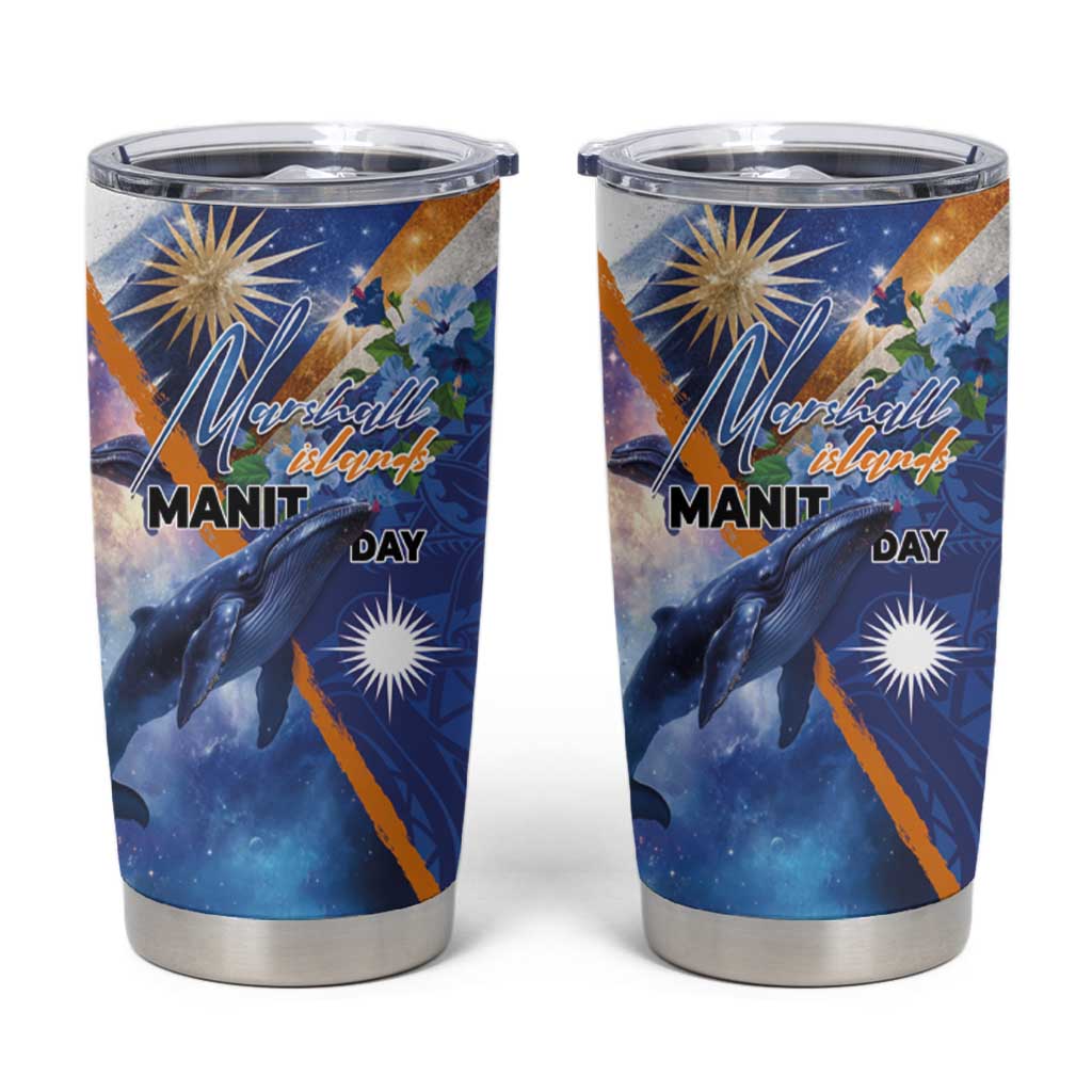 Marshall Islands Manit Day Tumbler Cup Grunge National Flag with Whales and Tribal Tattoos - Polynesian Pride