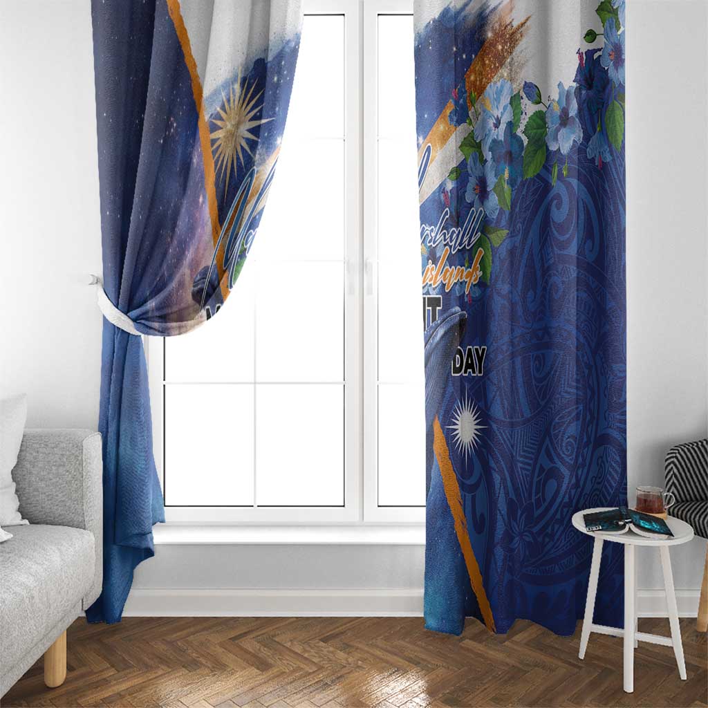 Marshall Islands Manit Day Window Curtain Grunge National Flag with Whales and Tribal Tattoos - Polynesian Pride