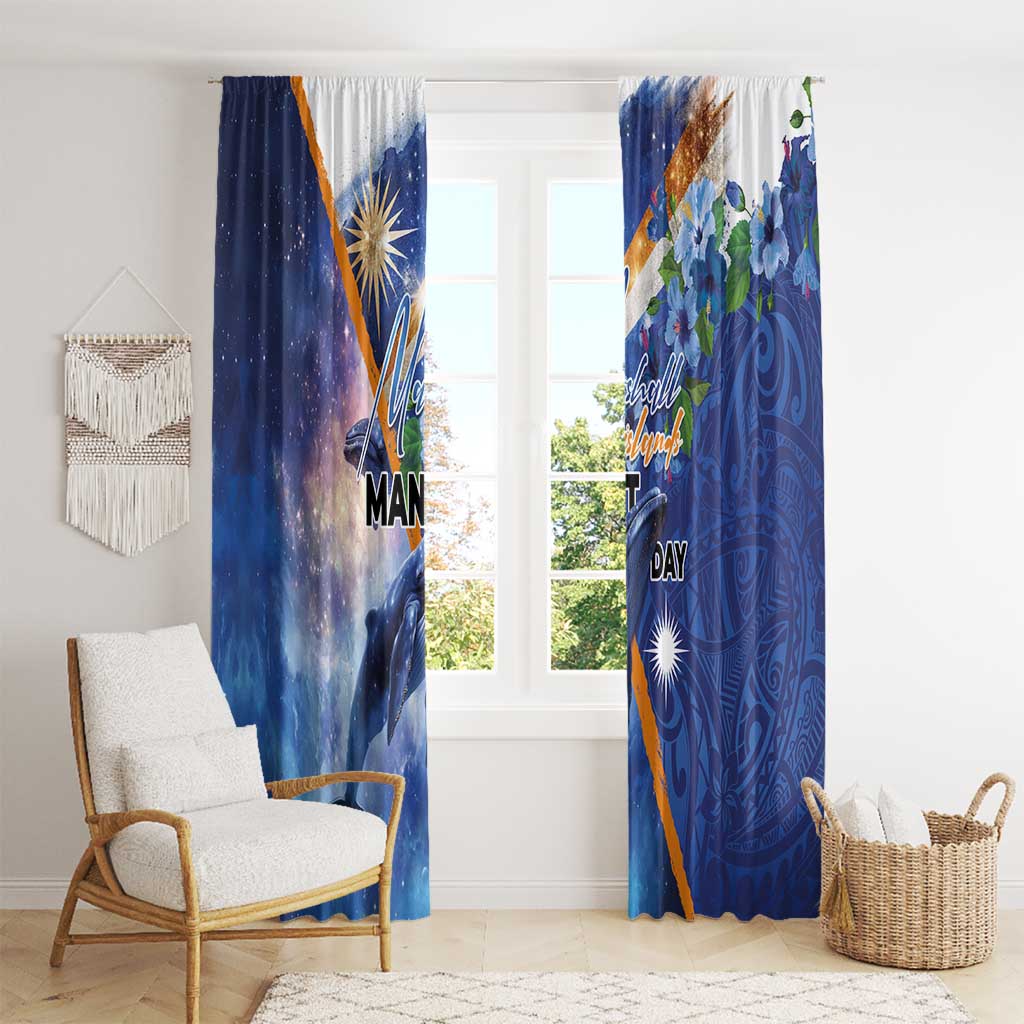 Marshall Islands Manit Day Window Curtain Grunge National Flag with Whales and Tribal Tattoos - Polynesian Pride