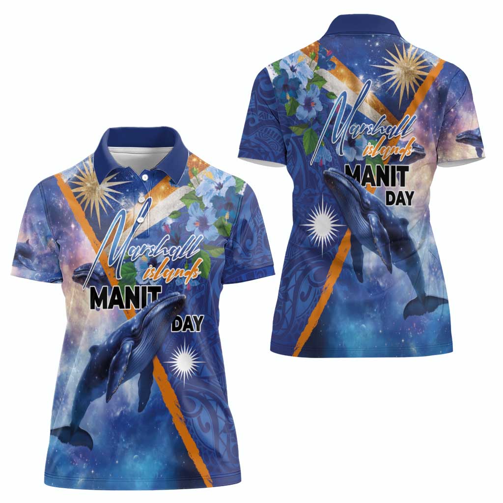 Marshall Islands Manit Day Women Polo Shirt Grunge National Flag with Whales and Tribal Tattoos - Polynesian Pride