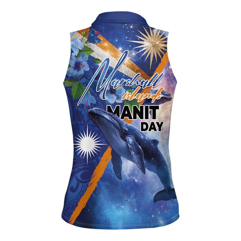 Marshall Islands Manit Day Women Sleeveless Polo Shirt Grunge National Flag with Whales and Tribal Tattoos - Polynesian Pride