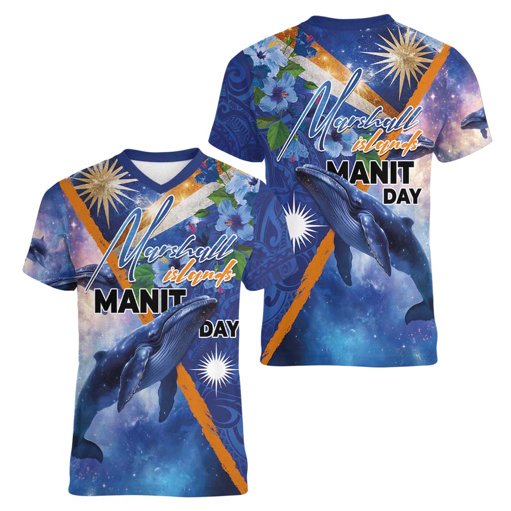 Marshall Islands Manit Day Women V-Neck T-Shirt Grunge National Flag with Whales and Tribal Tattoos - Polynesian Pride