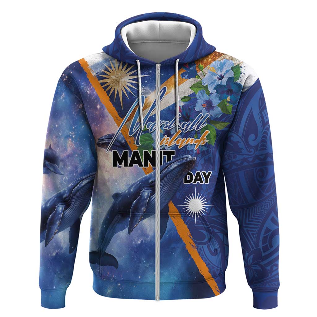 Marshall Islands Manit Day Zip Hoodie Grunge National Flag with Whales and Tribal Tattoos - Polynesian Pride