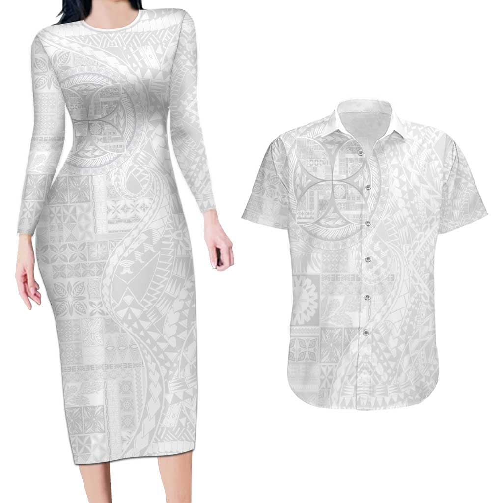 Samoan Culture-Lotu Tamaiti Couples Matching Long Sleeve Bodycon Dress and Hawaiian Shirt Siapo and Polynesian Art Tattoos LT03 White - Polynesian Pride