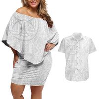 Samoan Culture-Lotu Tamaiti Couples Matching Off Shoulder Short Dress and Hawaiian Shirt Siapo and Polynesian Art Tattoos LT03 White - Polynesian Pride