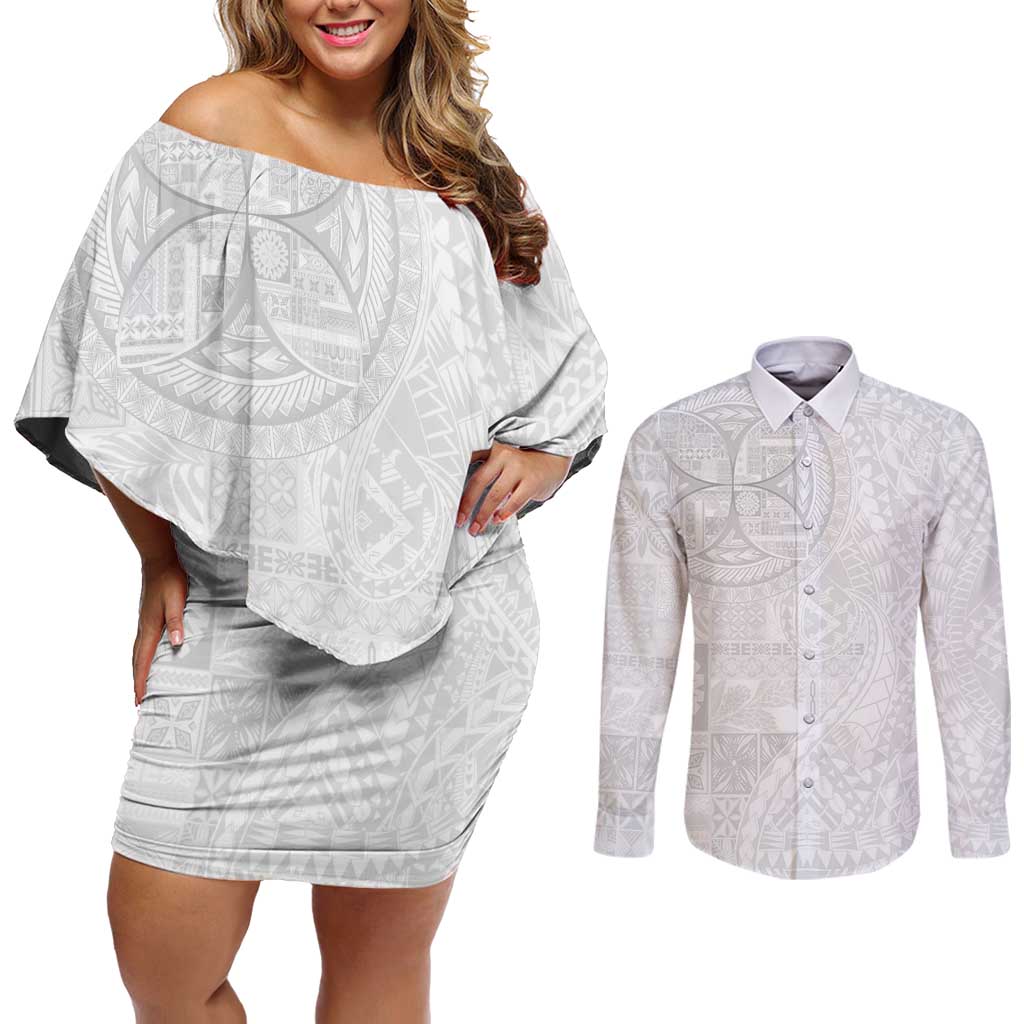 Samoan Culture-Lotu Tamaiti Couples Matching Off Shoulder Short Dress and Long Sleeve Button Shirt Siapo and Polynesian Art Tattoos - Polynesian Pride