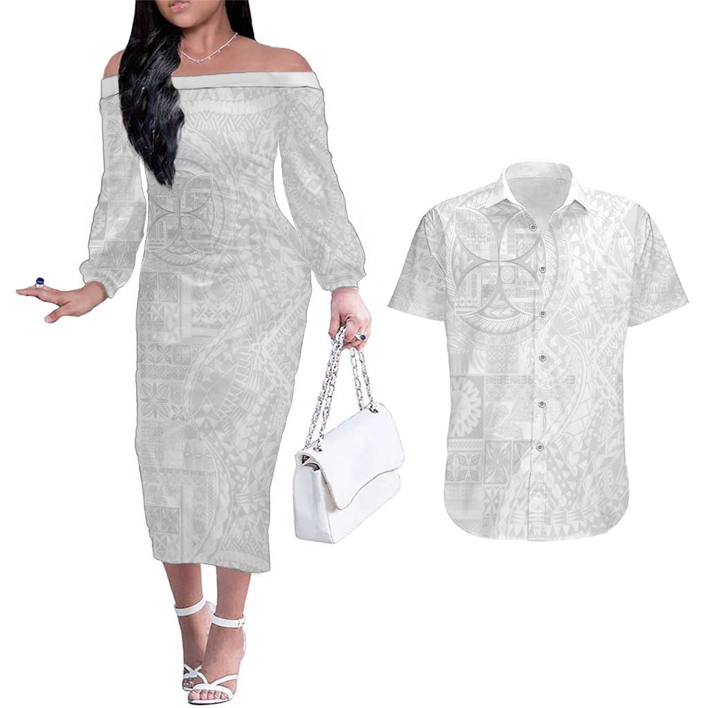 Samoan Culture-Lotu Tamaiti Couples Matching Off The Shoulder Long Sleeve Dress and Hawaiian Shirt Siapo and Polynesian Art Tattoos LT03 White - Polynesian Pride