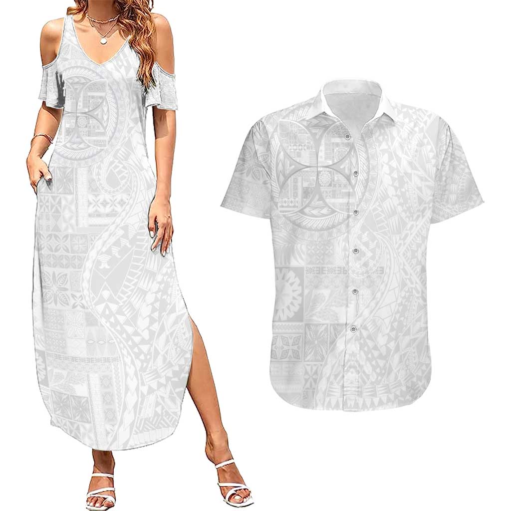 Samoan Culture-Lotu Tamaiti Couples Matching Summer Maxi Dress and Hawaiian Shirt Siapo and Polynesian Art Tattoos LT03 White - Polynesian Pride