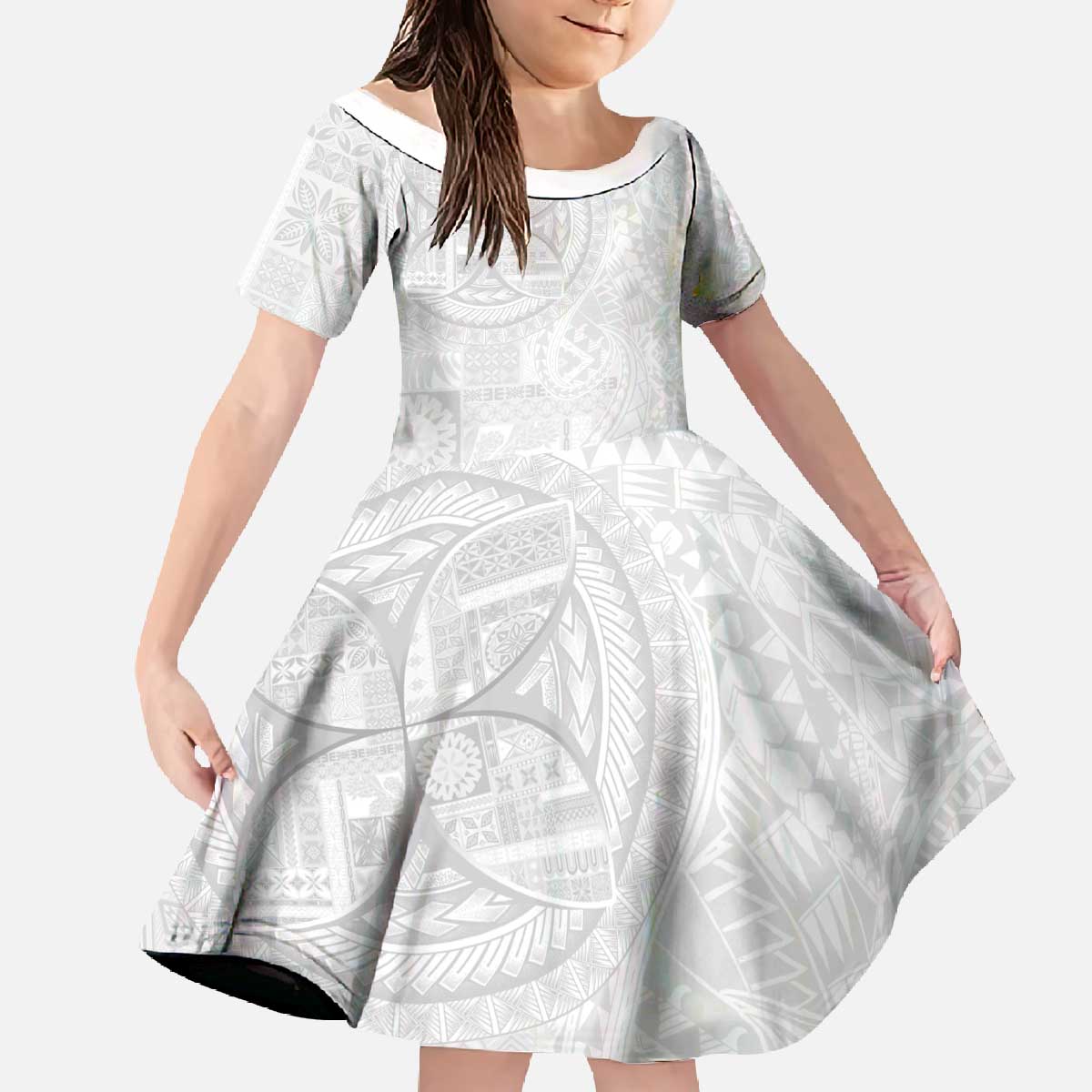 Samoan Culture-Lotu Tamaiti Family Matching Off The Shoulder Long Sleeve Dress and Hawaiian Shirt Siapo and Polynesian Art Tattoos LT03 Daughter's Dress White - Polynesian Pride