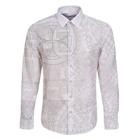 Samoan Culture-Lotu Tamaiti Family Matching Off Shoulder Short Dress and Hawaiian Shirt Siapo and Polynesian Art Tattoos LT03 Dad's Shirt - Long Sleeve White - Polynesian Pride