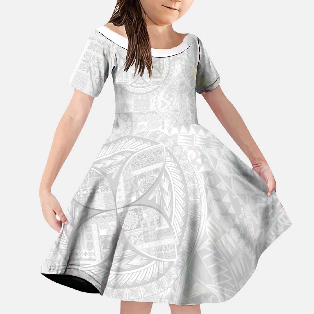 Samoan Culture-Lotu Tamaiti Family Matching Summer Maxi Dress and Hawaiian Shirt Siapo and Polynesian Art Tattoos LT03 Daughter's Dress White - Polynesian Pride