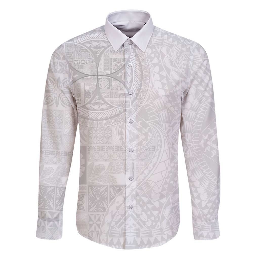 Samoan Culture-Lotu Tamaiti Family Matching Summer Maxi Dress and Hawaiian Shirt Siapo and Polynesian Art Tattoos LT03 Dad's Shirt - Long Sleeve White - Polynesian Pride