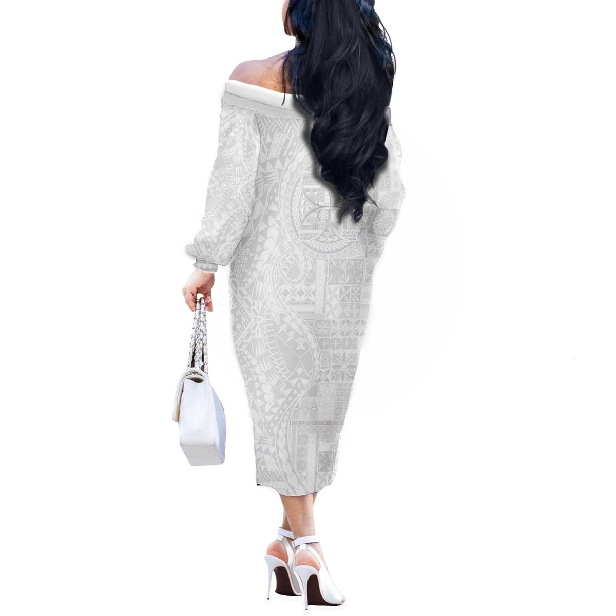 Samoan Culture-Lotu Tamaiti Off The Shoulder Long Sleeve Dress Siapo and Polynesian Art Tattoos LT03 - Polynesian Pride