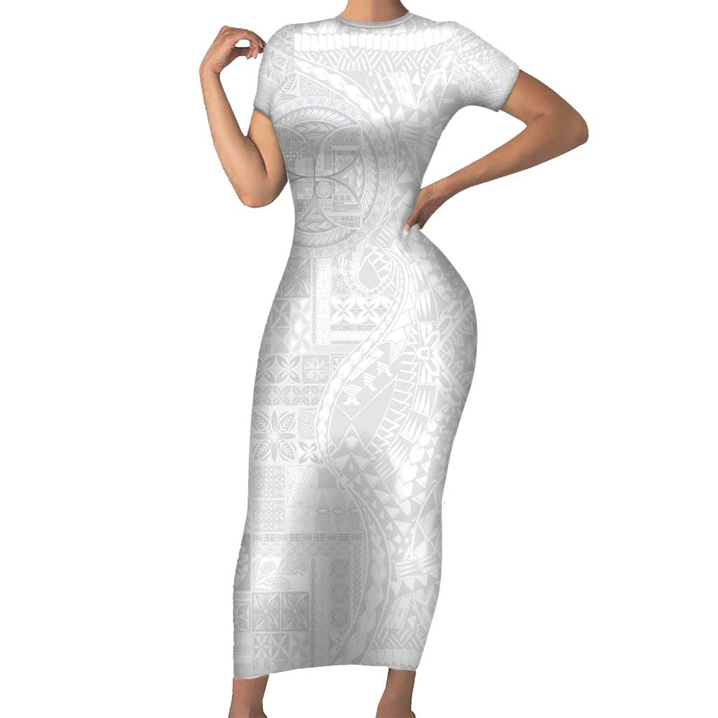 Samoan Culture-Lotu Tamaiti Short Sleeve Bodycon Dress Siapo and Polynesian Art Tattoos LT03 Long Dress White - Polynesian Pride