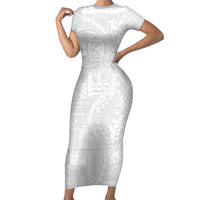 Samoan Culture-Lotu Tamaiti Short Sleeve Bodycon Dress Siapo and Polynesian Art Tattoos LT03 Long Dress White - Polynesian Pride