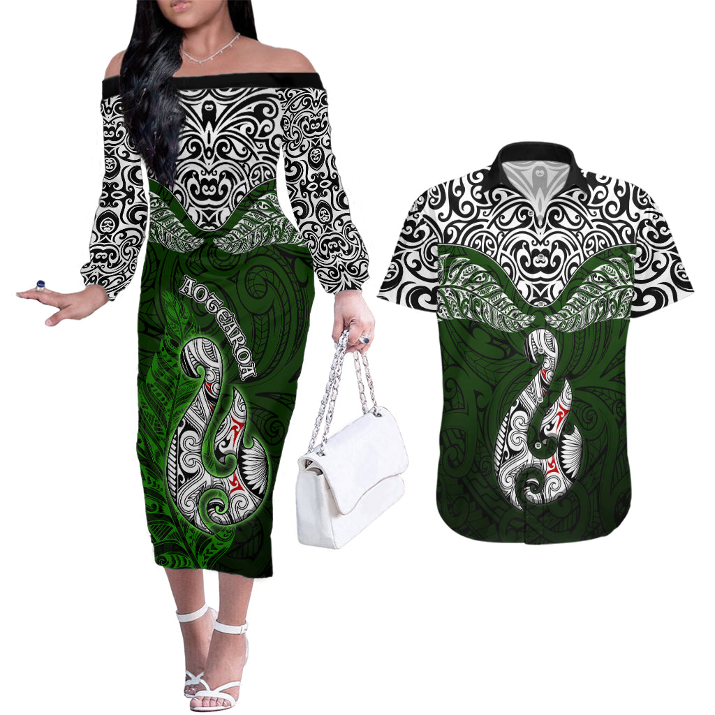 Aotearoa New Zealand Couples Matching Off The Shoulder Long Sleeve Dress and Hawaiian Shirt Silver Fern and Matau with Maori Tribal Green Style LT03 Green - Polynesian Pride