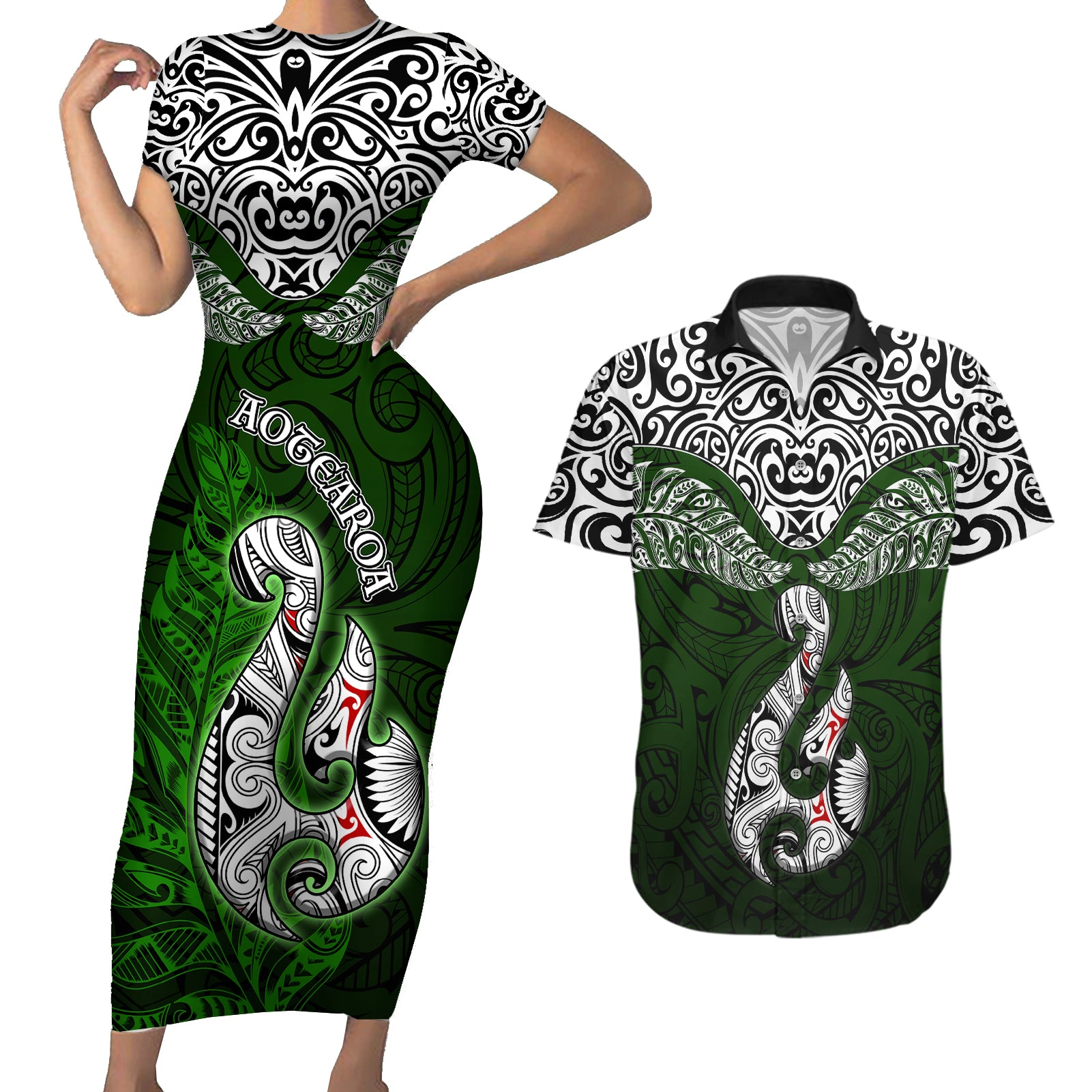 Aotearoa New Zealand Couples Matching Short Sleeve Bodycon Dress and Hawaiian Shirt Silver Fern and Matau with Maori Tribal Green Style LT03 Green - Polynesian Pride