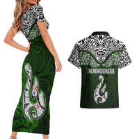 Aotearoa New Zealand Couples Matching Short Sleeve Bodycon Dress and Hawaiian Shirt Silver Fern and Matau with Maori Tribal Green Style LT03 - Polynesian Pride