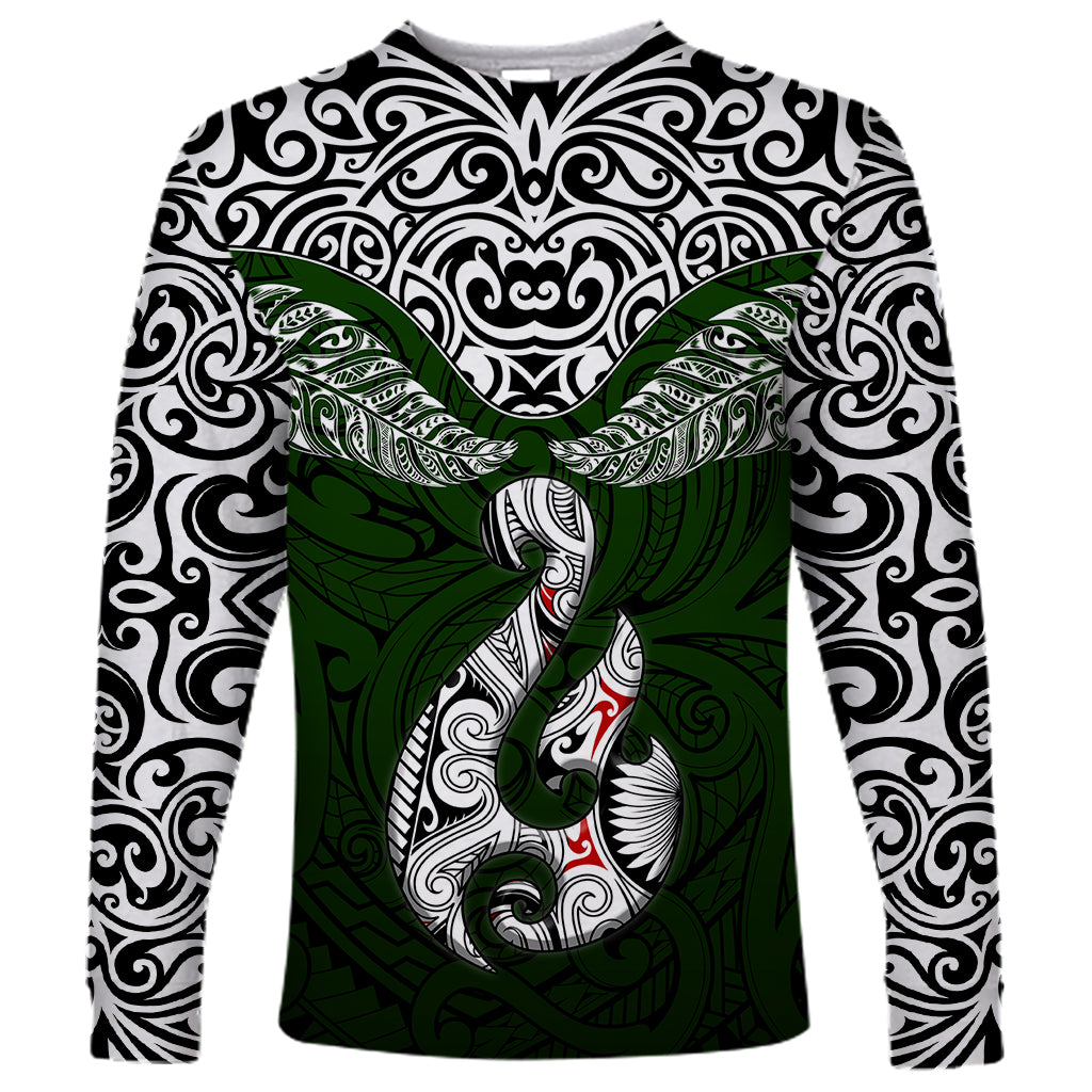 Aotearoa New Zealand Long Sleeve Shirt Silver Fern and Matau with Maori Tribal Green Style LT03 Unisex Green - Polynesian Pride