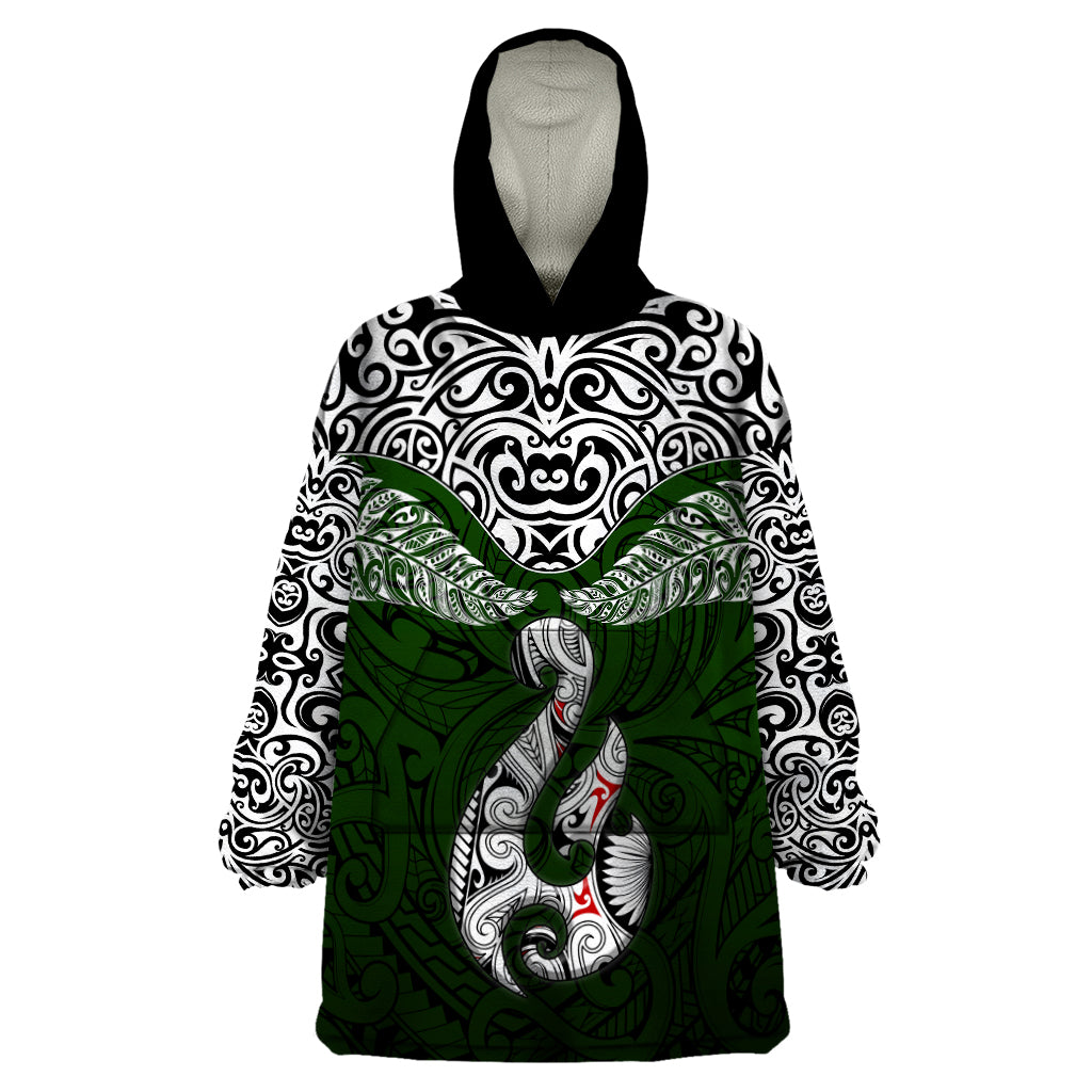 Aotearoa New Zealand Wearable Blanket Hoodie Silver Fern and Matau with Maori Tribal Green Style LT03 One Size Green - Polynesian Pride