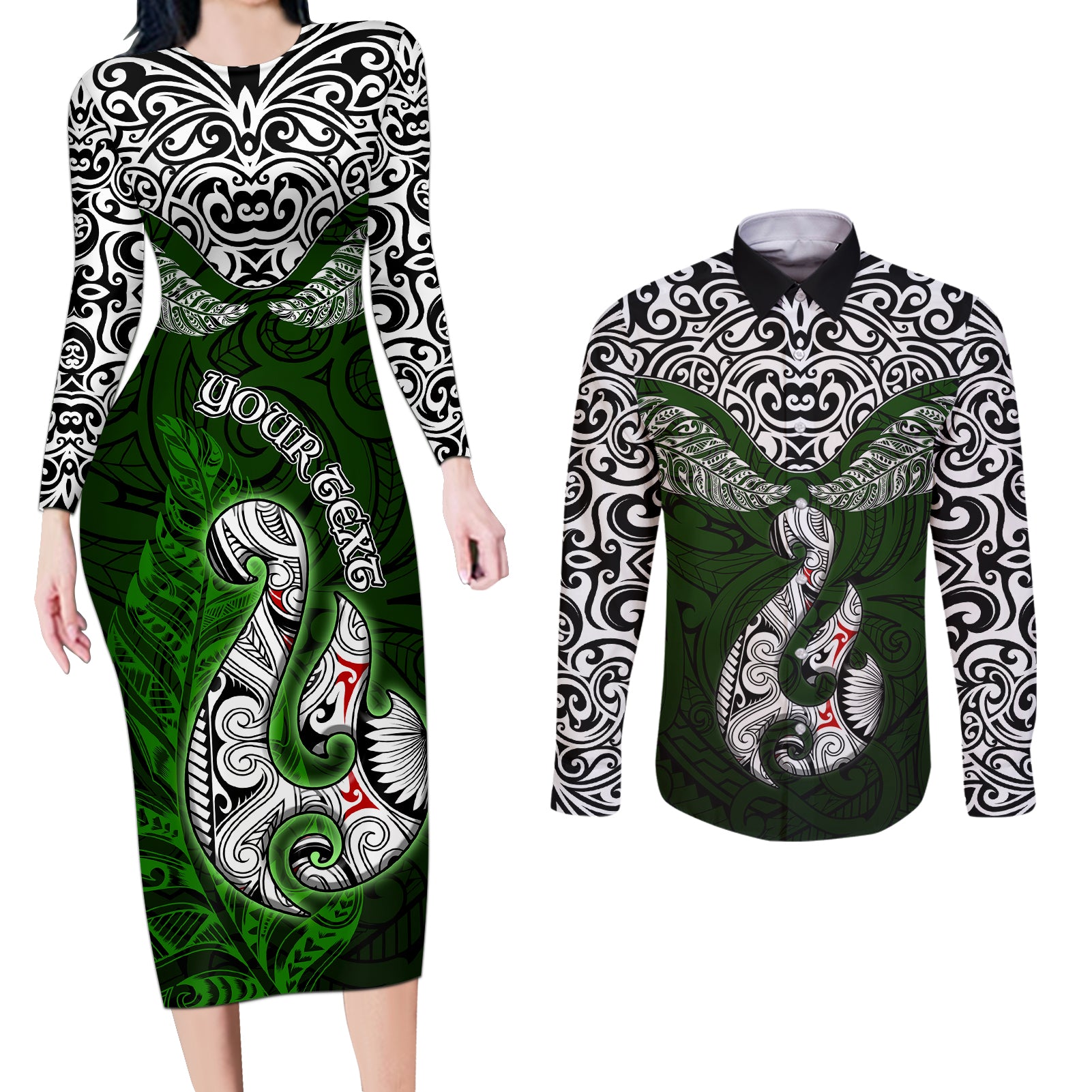 Custom Aotearoa New Zealand Couples Matching Long Sleeve Bodycon Dress and Long Sleeve Button Shirts Silver Fern and Matau with Maori Tribal Green Style LT03 Green - Polynesian Pride