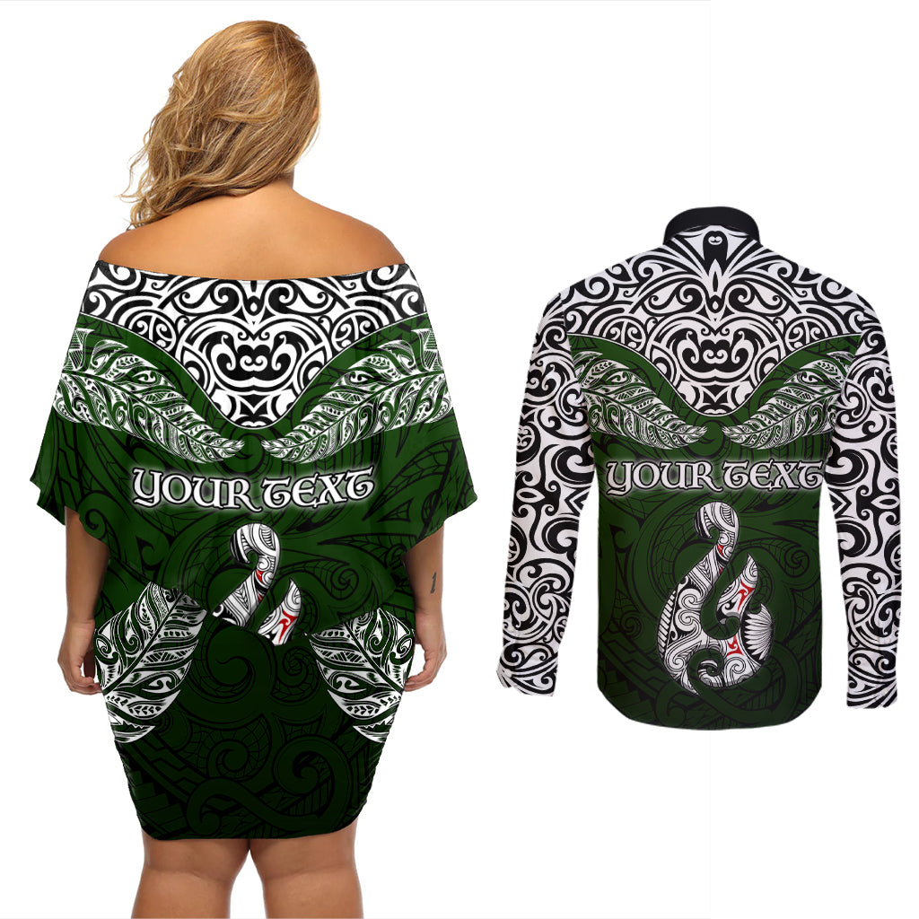 Custom Aotearoa New Zealand Couples Matching Off Shoulder Short Dress and Long Sleeve Button Shirts Silver Fern and Matau with Maori Tribal Green Style LT03 - Polynesian Pride
