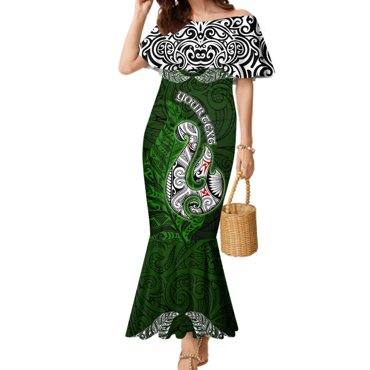 Custom Aotearoa New Zealand Mermaid Dress Silver Fern and Matau with Maori Tribal Green Style LT03 Women Green - Polynesian Pride