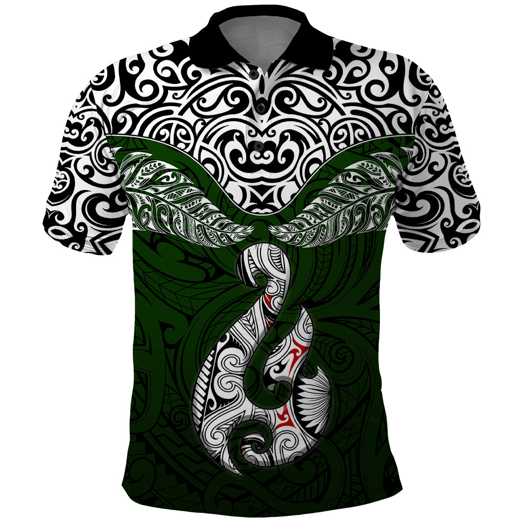 Custom Aotearoa New Zealand Polo Shirt Silver Fern and Matau with Maori Tribal Green Style LT03 Green - Polynesian Pride