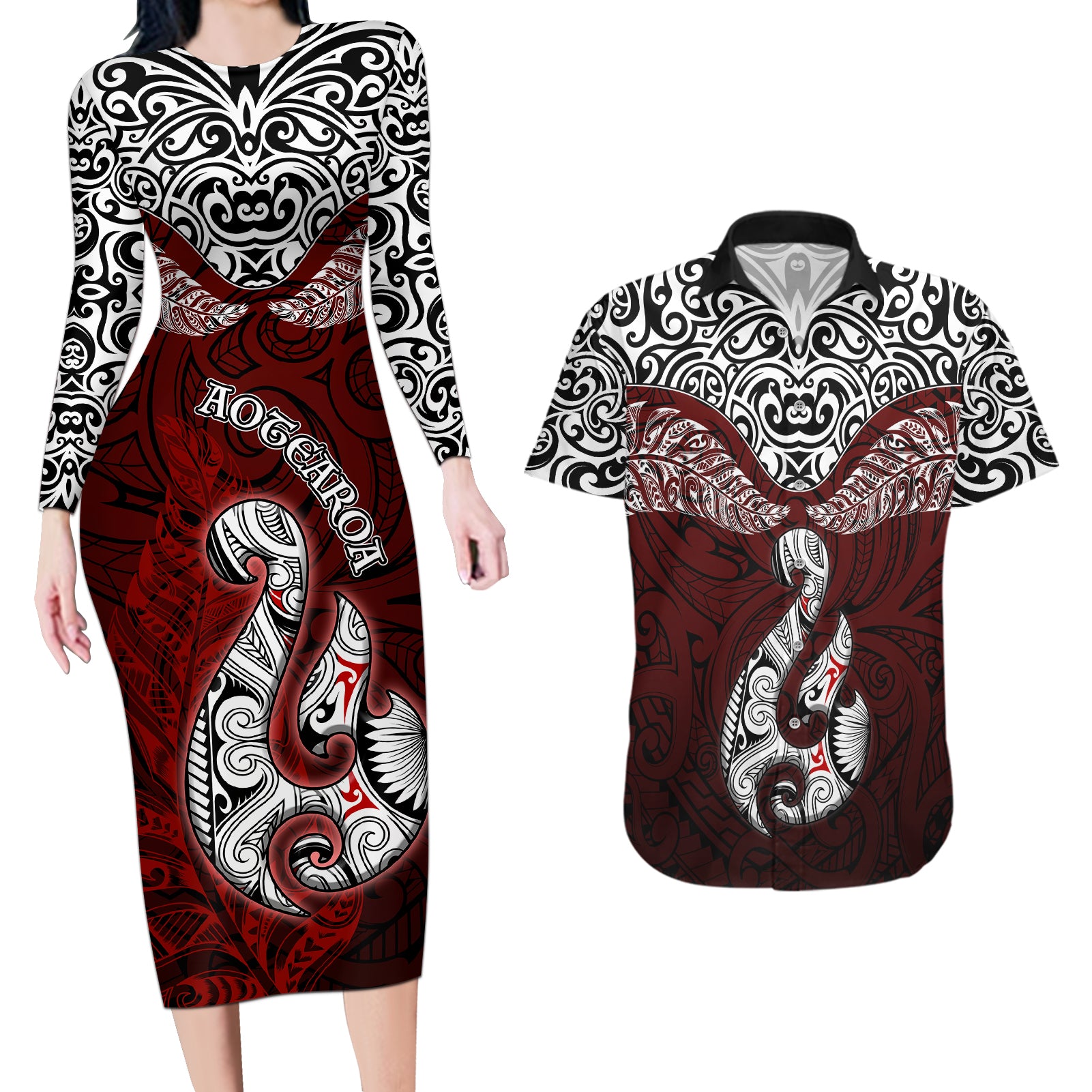 Aotearoa New Zealand Couples Matching Long Sleeve Bodycon Dress and Hawaiian Shirt Silver Fern and Matau with Maori Tribal Red Style LT03 Red - Polynesian Pride