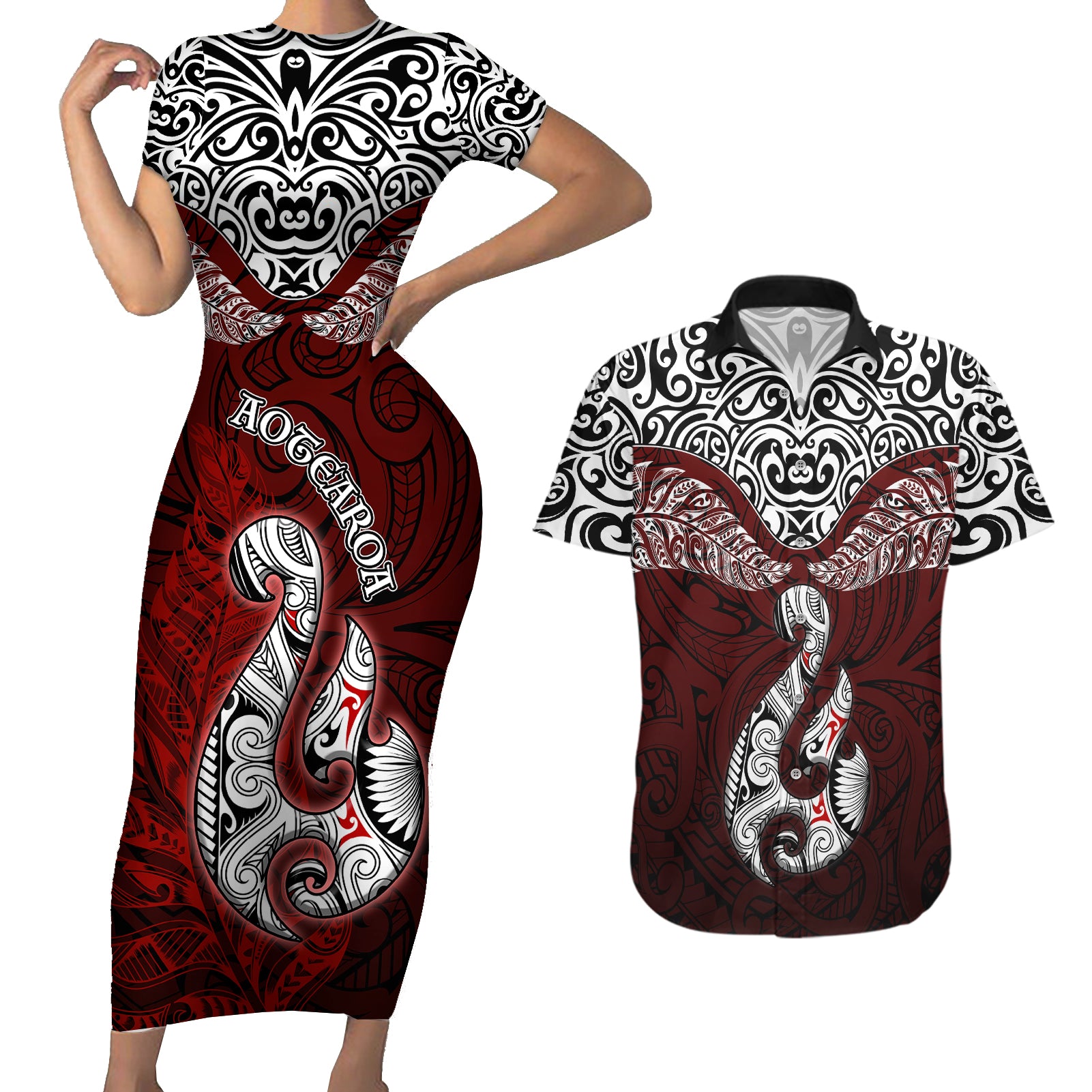 Aotearoa New Zealand Couples Matching Short Sleeve Bodycon Dress and Hawaiian Shirt Silver Fern and Matau with Maori Tribal Red Style LT03 Red - Polynesian Pride