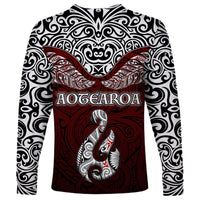 Aotearoa New Zealand Long Sleeve Shirt Silver Fern and Matau with Maori Tribal Red Style LT03 - Polynesian Pride
