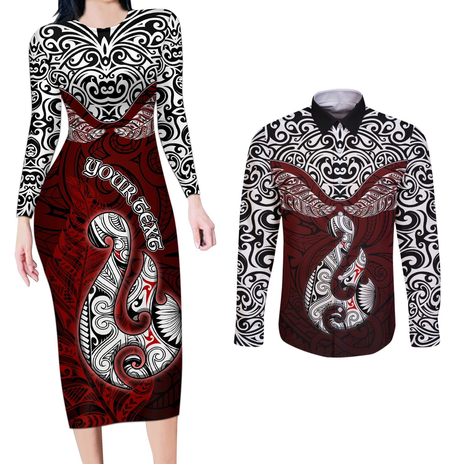 Custom Aotearoa New Zealand Couples Matching Long Sleeve Bodycon Dress and Long Sleeve Button Shirts Silver Fern and Matau with Maori Tribal Red Style LT03 Red - Polynesian Pride