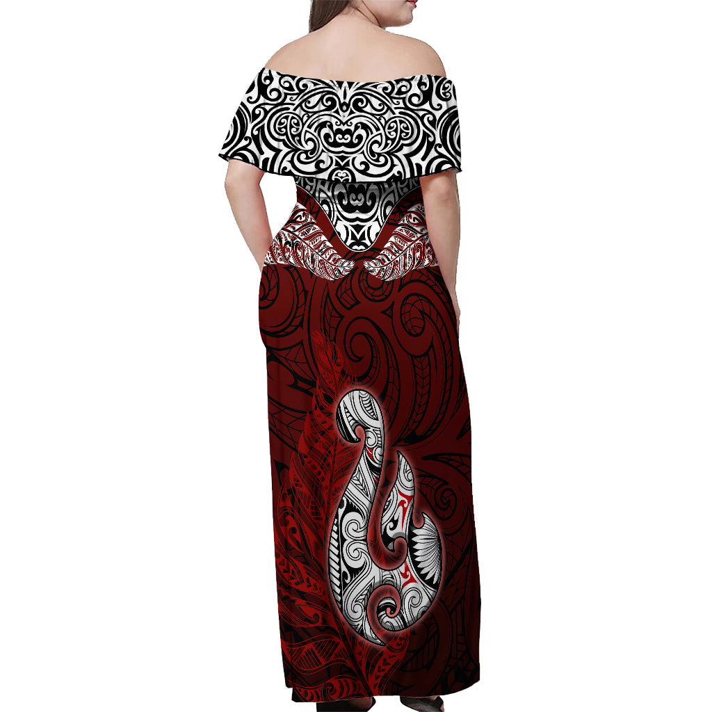 Custom Aotearoa New Zealand Off Shoulder Maxi Dress Silver Fern and Matau with Maori Tribal Red Style LT03 - Polynesian Pride