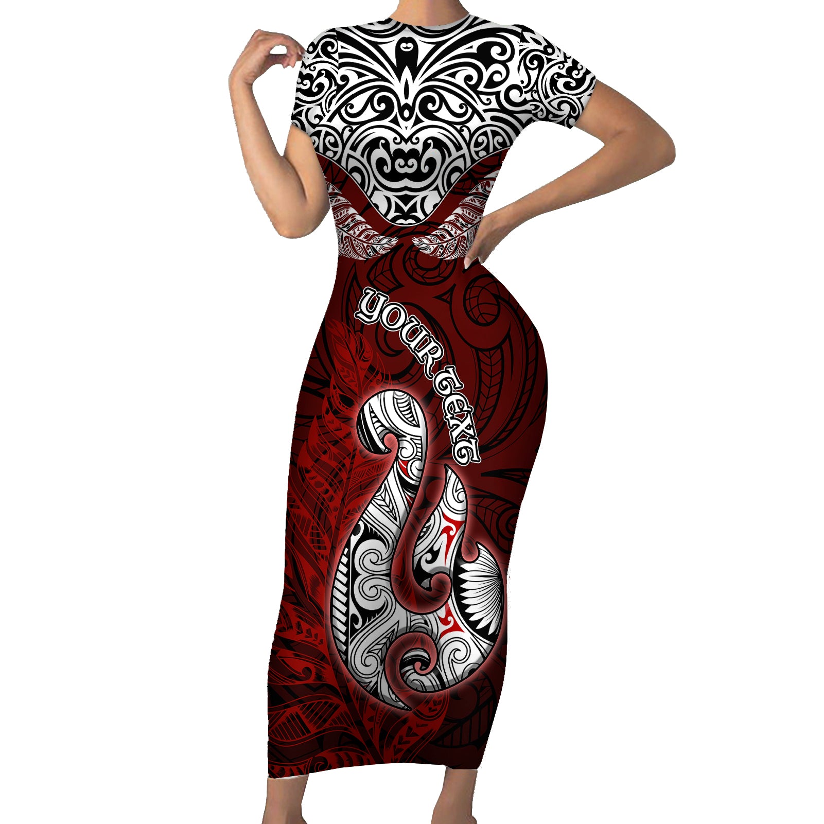 Custom Aotearoa New Zealand Short Sleeve Bodycon Dress Silver Fern and Matau with Maori Tribal Red Style LT03 Long Dress Red - Polynesian Pride