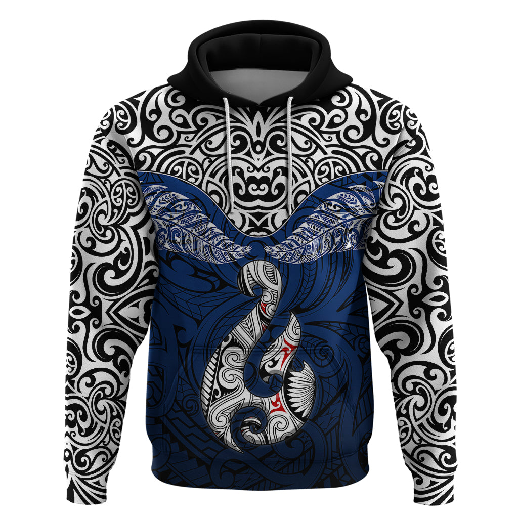 Aotearoa New Zealand Hoodie Silver Fern and Matau with Maori Tribal Blue Style LT03 Pullover Hoodie Blue - Polynesian Pride