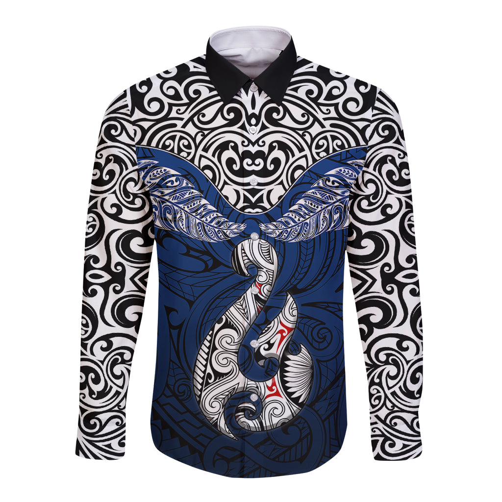 Aotearoa New Zealand Long Sleeve Button Shirt Silver Fern and Matau with Maori Tribal Blue Style LT03 Unisex Blue - Polynesian Pride