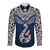 Aotearoa New Zealand Long Sleeve Button Shirt Silver Fern and Matau with Maori Tribal Blue Style LT03 Unisex Blue - Polynesian Pride