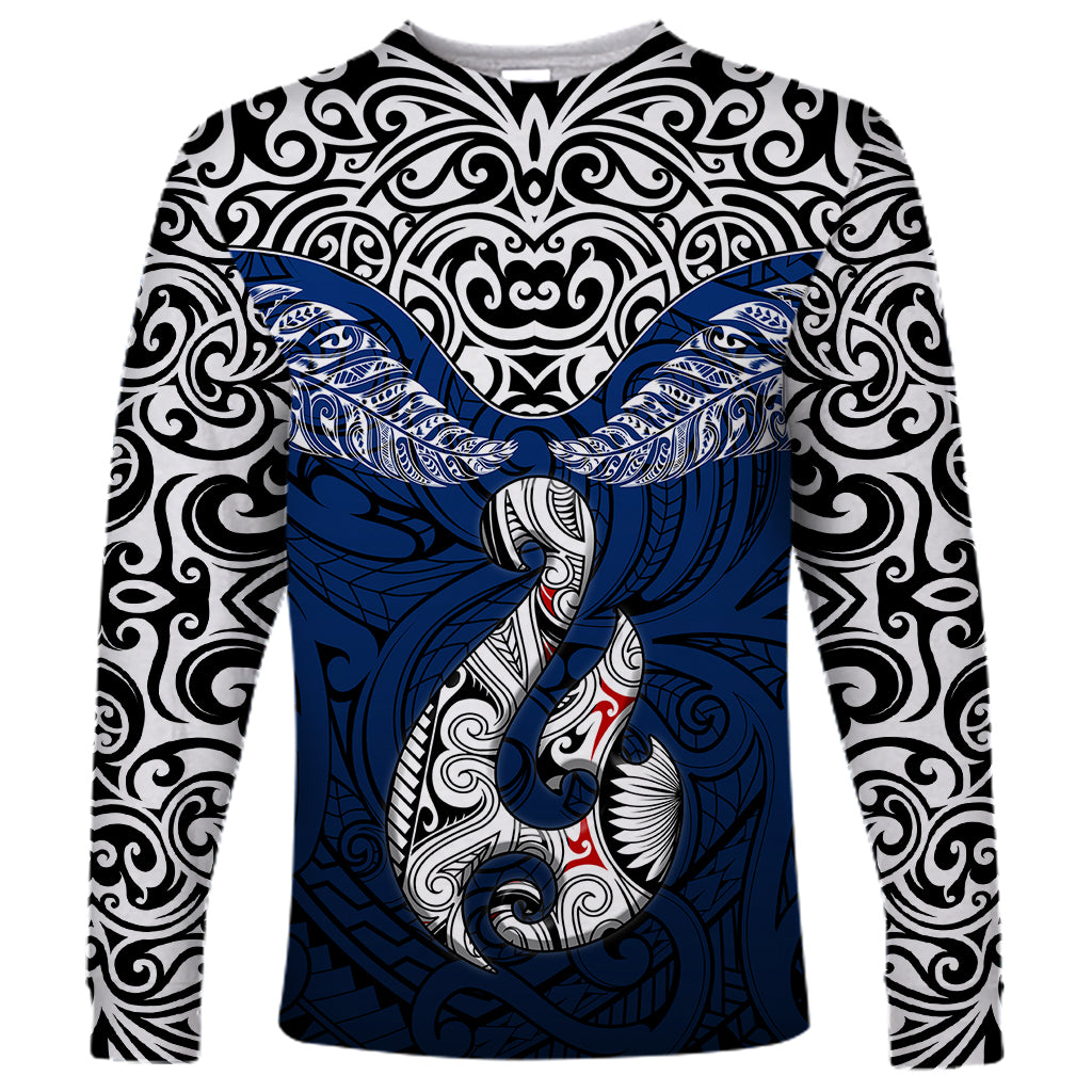 Aotearoa New Zealand Long Sleeve Shirt Silver Fern and Matau with Maori Tribal Blue Style LT03 Unisex Blue - Polynesian Pride